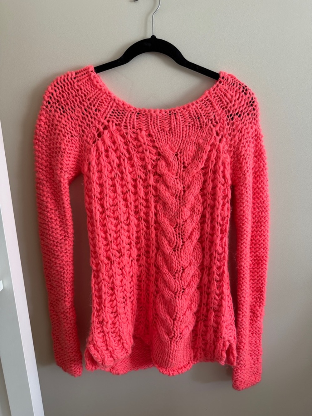 Free People Bright Coral Cable Scoop-Neck Sweater - Made in Italy